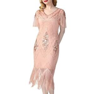 Kayamiya Peach Pink Beaded Fringe Flapper Dress Medium 1920s Costume